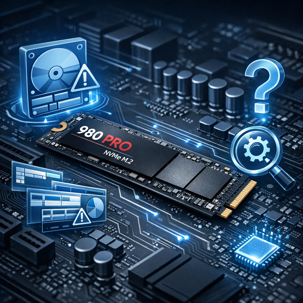 M2 SSD Samsung 980 PRO wird in der Datenträgerverwaltung nicht angezeigt - Modern technical illustration of a Samsung 980 PRO style M.2 NVMe SSD on a motherboard, Windows disk management troubleshooting concept, blue and dark color scheme, clean professional IT blog featured image, no text