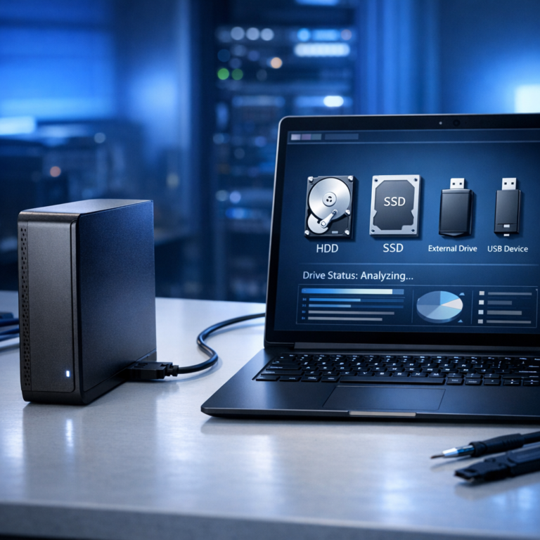 Meine Seagate Expansion Desktop wird nicht mehr erkannt – wie kann ich die Daten retten? - Modern professional data recovery scene: external Seagate-style desktop hard drive connected by USB on a clean desk, diagnostic laptop screen with storage icons, blue tech lighting, secure data recovery atmosphere, no visible brand logos, realistic high-quality editorial image