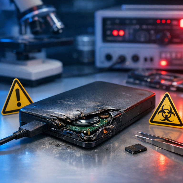 Meine Toshiba-Festplatte macht Schleifgeräusche – sofort ausschalten? - Realistic close-up of a damaged Toshiba-style external hard drive on a clean technician desk, warning symbols, data recovery lab atmosphere, modern blue and red lighting, professional IT service, no readable text