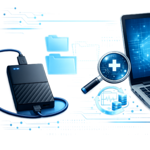 Meine WD My Passport wird erkannt, aber die Dateien fehlen. - Modern technical illustration of a WD My Passport style external hard drive connected via USB to a laptop, missing files represented by transparent folder icons and data recovery symbols, clean blue tech background, professional WordPress blog featured image, no text
