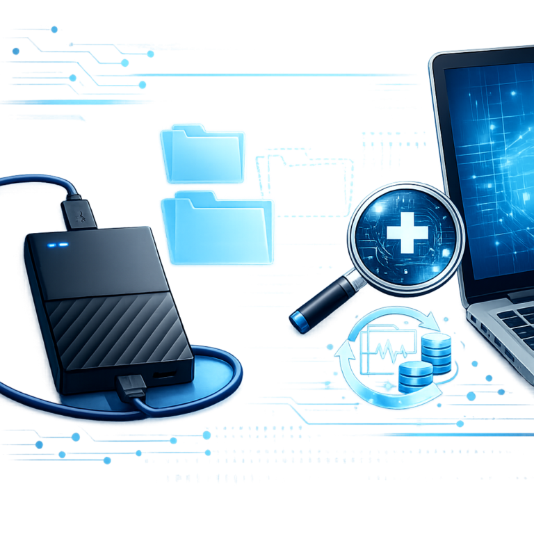 Meine WD My Passport wird erkannt, aber die Dateien fehlen. - Modern technical illustration of a WD My Passport style external hard drive connected via USB to a laptop, missing files represented by transparent folder icons and data recovery symbols, clean blue tech background, professional WordPress blog featured image, no text