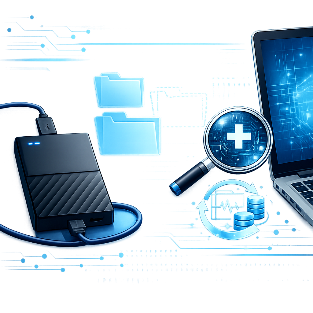 Meine WD My Passport wird erkannt, aber die Dateien fehlen. - Modern technical illustration of a WD My Passport style external hard drive connected via USB to a laptop, missing files represented by transparent folder icons and data recovery symbols, clean blue tech background, professional WordPress blog featured image, no text