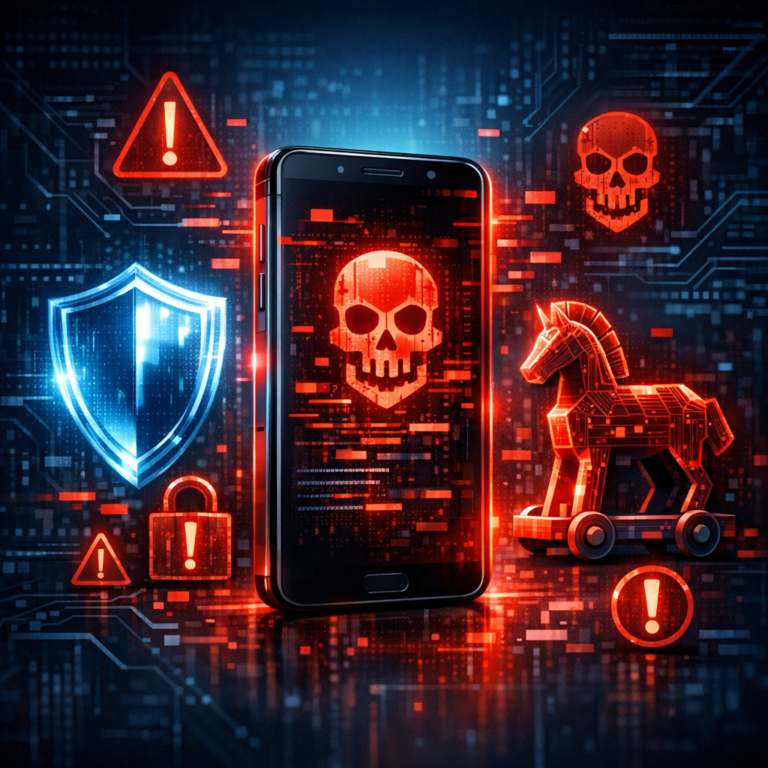 Millionen Handies bedroht! Neuer Trojaner überwacht Android Smartphones - Dramatic modern cybersecurity illustration: Android smartphone surrounded by red warning signals, digital trojan malware icon, dark blue tech background, glowing security shield, professional blog header style, no text