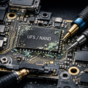 NAND-/UFS-Speicherprobleme und Korrosion auf dem Mainboard - Makroaufnahme eines Smartphone-Mainboards mit NAND/UFS-Speicherchip, sichtbaren Korrosionsspuren, feinen Leiterbahnen und Diagnosewerkzeug, moderner technischer Look, realistisch, dunkler Hintergrund, professionelle Elektronikreparatur