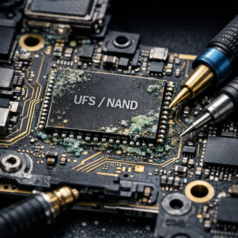 NAND-/UFS-Speicherprobleme und Korrosion auf dem Mainboard - Makroaufnahme eines Smartphone-Mainboards mit NAND/UFS-Speicherchip, sichtbaren Korrosionsspuren, feinen Leiterbahnen und Diagnosewerkzeug, moderner technischer Look, realistisch, dunkler Hintergrund, professionelle Elektronikreparatur