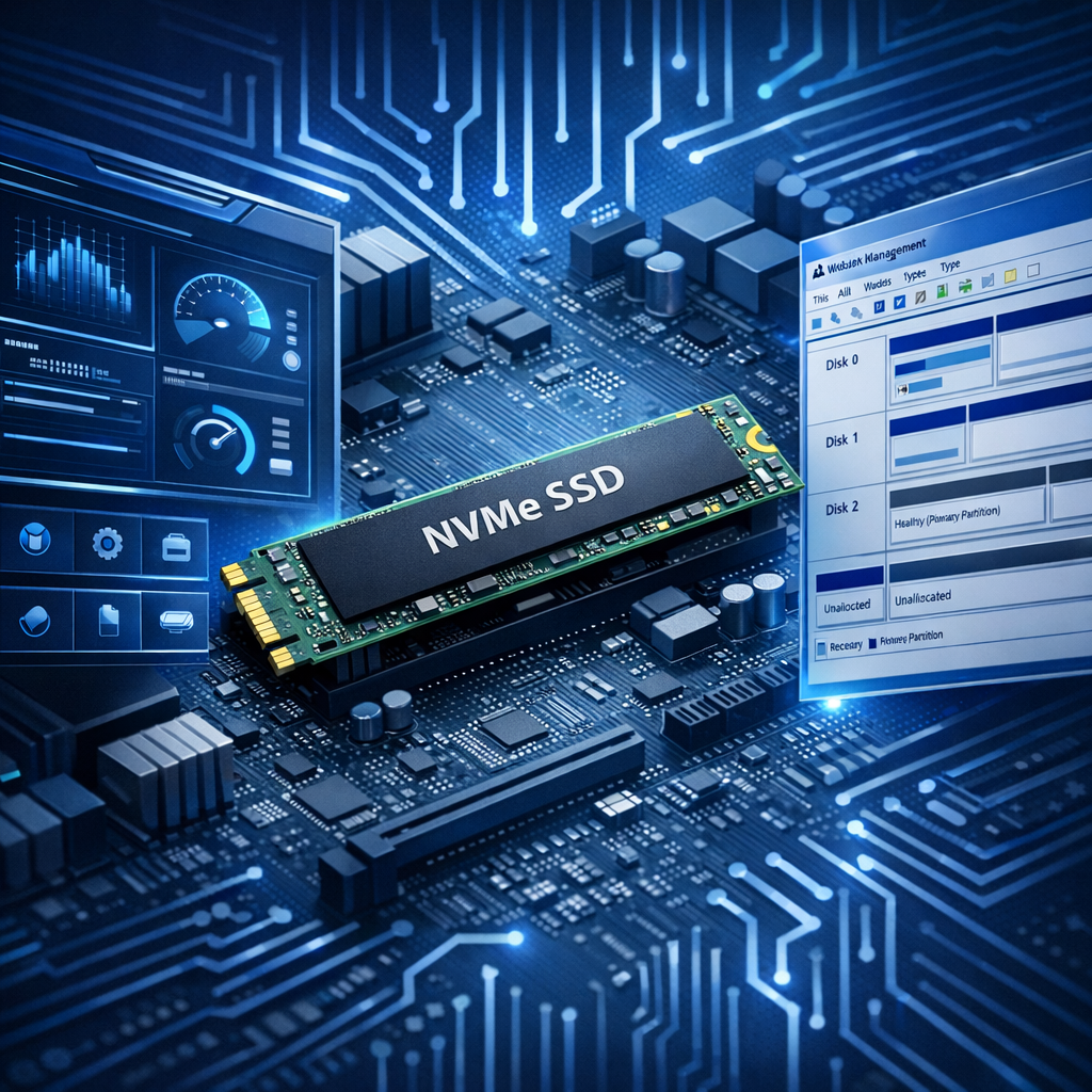 NVMe SSD wird im BIOS erkannt, in Windows nicht - Modern technical illustration of an NVMe M.2 SSD connected to a motherboard, BIOS interface on one side and Windows desktop disk management on the other side, blue tech style, clean professional IT blog header, no text