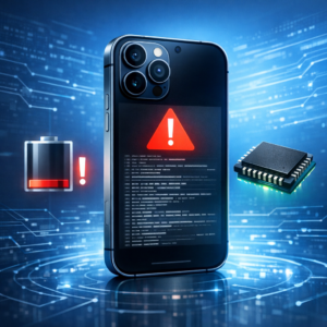 Panik-Logs auf dem iPhone 15 Pro – Hinweis auf Speicherfehler oder Akku-Problem? - Modern diagnostic illustration of an iPhone 15 Pro with system panic log warning, battery icon and memory chip symbols, clean blue tech background, professional blog hero image, no text