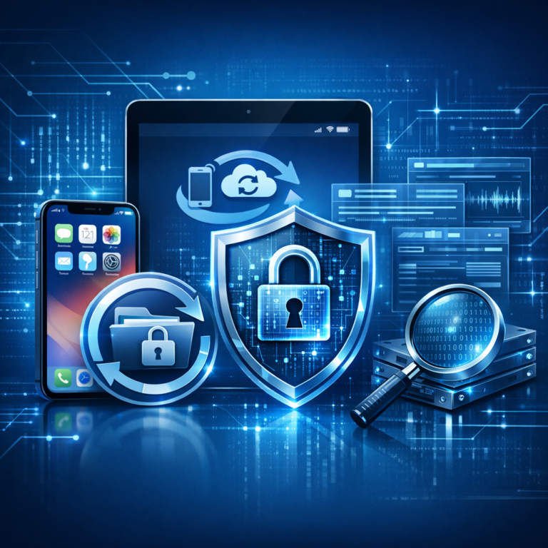 Passwort für das verschlüsselte Backup deines iPhone oder iPad vergessen – Datenrettung mit Forensiksoftware möglich? - Modernes technisches Beitragsbild: iPhone und iPad neben einem verschlüsselten Backup-Symbol, digitales Schloss, Datenrettung und Forensiksoftware, blaues Cybersecurity-Design, professionell, clean, ohne Text