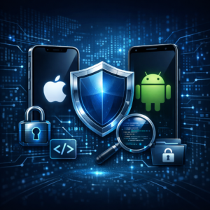 Penetrationstest für mobile Apps | iOS- und Android-Penetrationstest - Modern cybersecurity illustration for mobile app penetration testing, iOS and Android smartphones with shield, code, lock icons, dark blue technology background, professional IT security style, no text