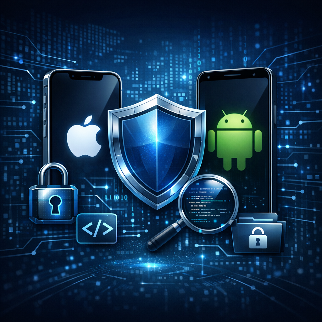Penetrationstest für mobile Apps | iOS- und Android-Penetrationstest - Modern cybersecurity illustration for mobile app penetration testing, iOS and Android smartphones with shield, code, lock icons, dark blue technology background, professional IT security style, no text