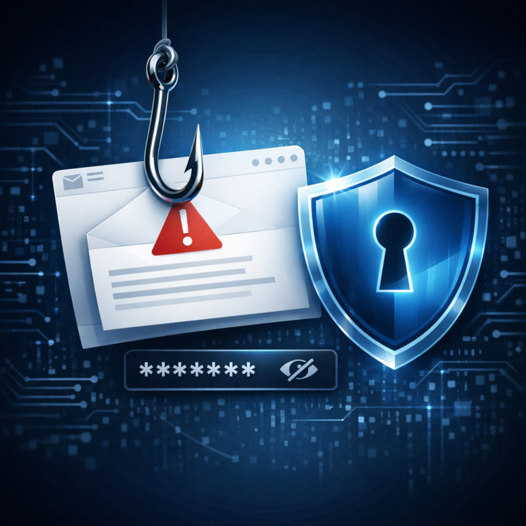 Phishing: Definition und Arten von Angriffsmethoden - Modern cybersecurity illustration: phishing attack concept with fake email, hook symbol, shield protection, password field, dark blue digital background, professional clean style, no readable text