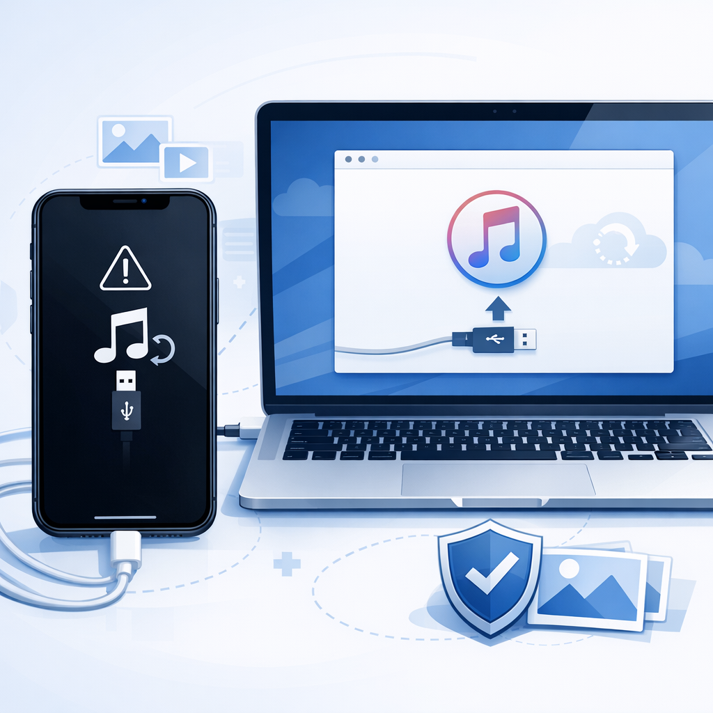 Phone 11 Pro Max wird von iTunes nicht erkannt – Fotos retten ohne Backup - Modern technical illustration of an iPhone 11 Pro Max connected to a laptop via Lightning cable, photo recovery theme, iTunes connection problem, clean blue and white tech style, secure data rescue, no text