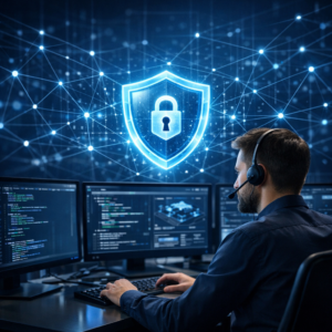 Proaktive IT-Security mit Pentesting – Ethical Hacking - Modern cybersecurity concept for proactive IT security and ethical hacking: professional security analyst at workstation, glowing shield icon, network nodes, code interface, dark blue technology background, clean corporate style, no text