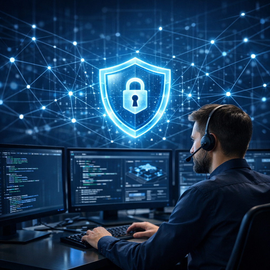 Proaktive IT-Security mit Pentesting – Ethical Hacking - Modern cybersecurity concept for proactive IT security and ethical hacking: professional security analyst at workstation, glowing shield icon, network nodes, code interface, dark blue technology background, clean corporate style, no text