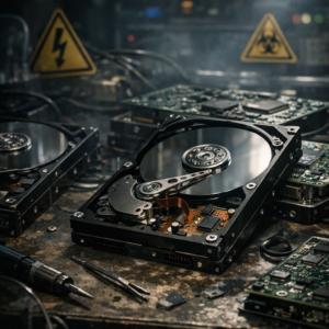 Produktionsfehler oder Firmware-Katastrophe? Die größten Festplatten-Serienausfälle der 2000er Jahre - Dramatic close-up of vintage 2000s hard disk drives on a workbench, circuit boards, warning symbols, data recovery lab atmosphere, dark tech background, realistic photography, high detail, no text