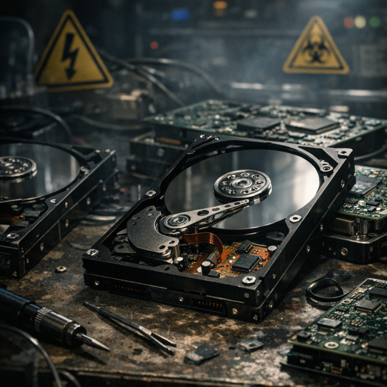 Produktionsfehler oder Firmware-Katastrophe? Die größten Festplatten-Serienausfälle der 2000er Jahre - Dramatic close-up of vintage 2000s hard disk drives on a workbench, circuit boards, warning symbols, data recovery lab atmosphere, dark tech background, realistic photography, high detail, no text