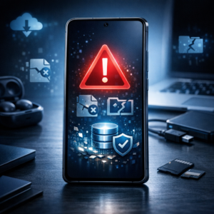Samsung Galaxy A55: Welche Fehlermeldungen auf drohenden Datenverlust hinweisen - Modern realistic hero image for an article about Samsung Galaxy A55 data loss warning messages: smartphone on desk showing warning symbol, digital error icons, secure data recovery theme, clean tech style, blue and dark tones, no text, professional WordPress featured image
