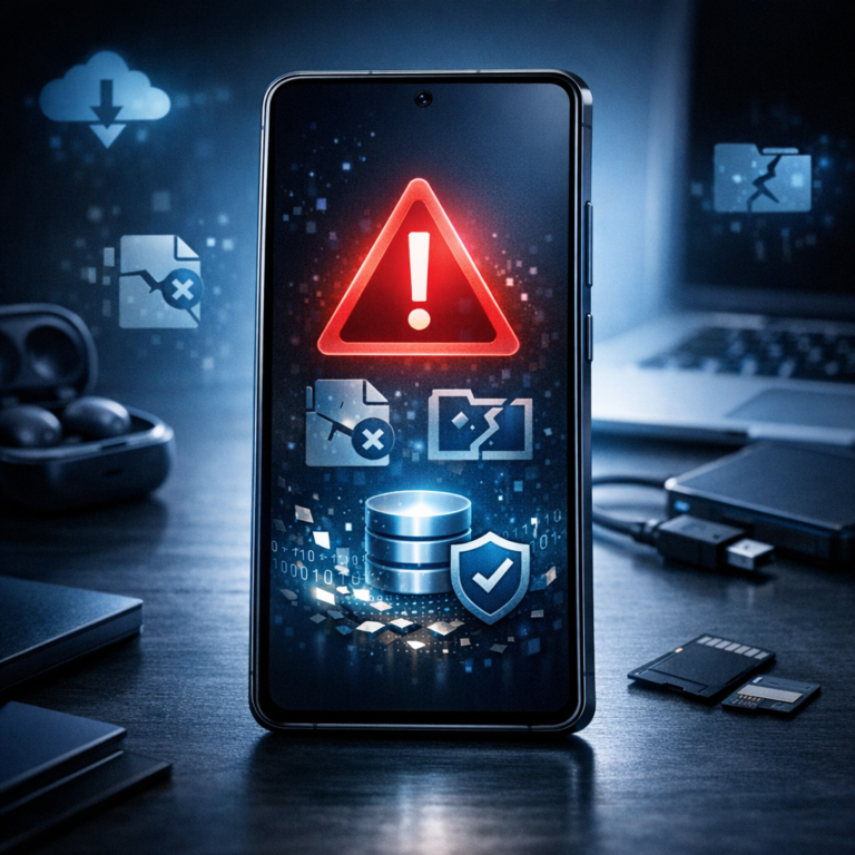 Samsung Galaxy A55: Welche Fehlermeldungen auf drohenden Datenverlust hinweisen - Modern realistic hero image for an article about Samsung Galaxy A55 data loss warning messages: smartphone on desk showing warning symbol, digital error icons, secure data recovery theme, clean tech style, blue and dark tones, no text, professional WordPress featured image