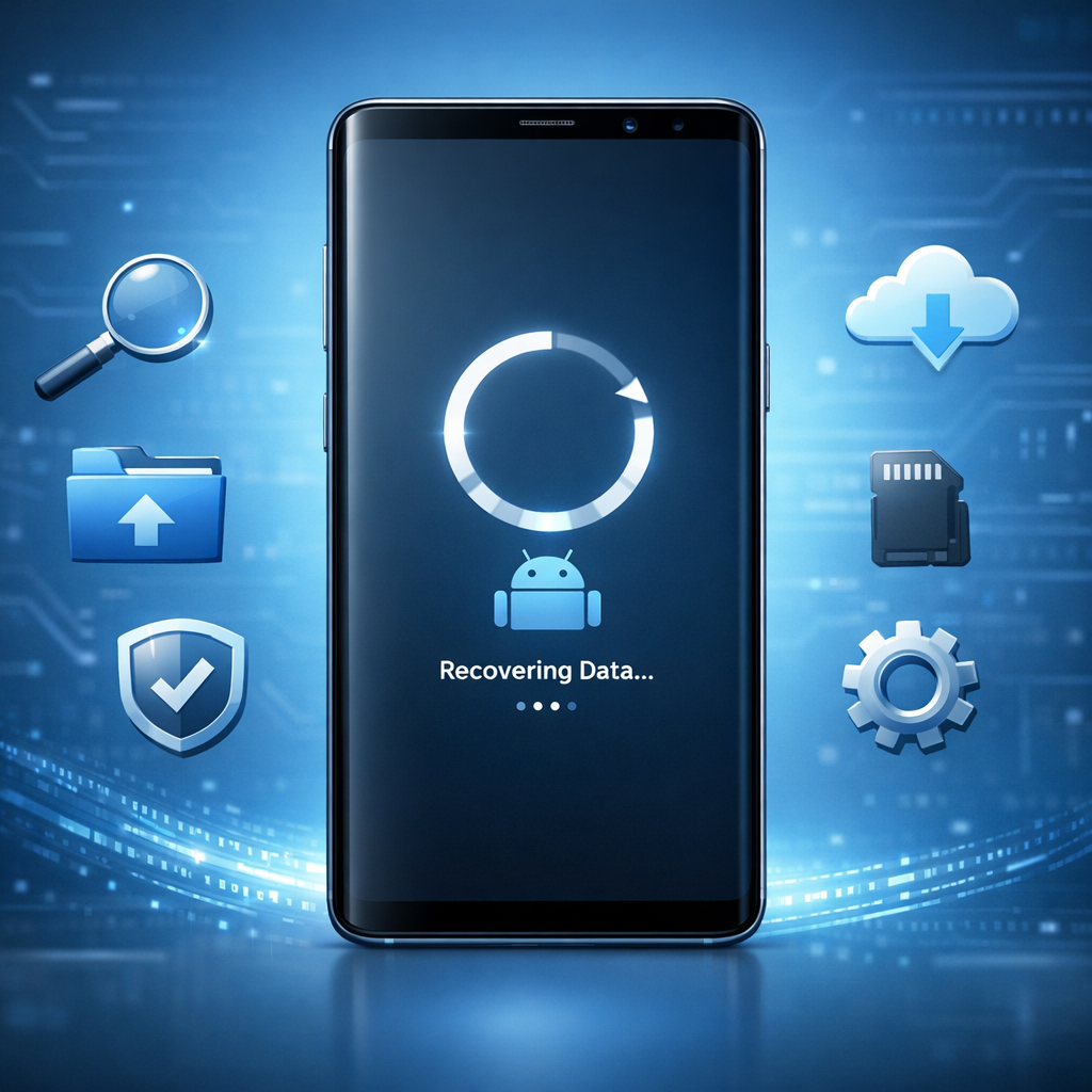 Samsung startet nicht mehr nach Update – Datenrettung möglich? - Modern realistic smartphone data recovery scene: Samsung-style Android phone stuck on update boot screen, subtle blue tech background, data recovery icons, clean professional look, no logos, 16:9 blog featured image
