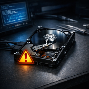 Seagate Barracuda 7200.11 (ST3500320AS, ST31000340AS): Der Firmware-Bug, der Festplatten „verschwinden“ ließ - Technical editorial image of a Seagate Barracuda 7200.11 hard drive on a dark workbench, firmware bug concept, SATA hard disk, warning icon, subtle blue diagnostic screen glow, professional data recovery style, clean modern composition, no text