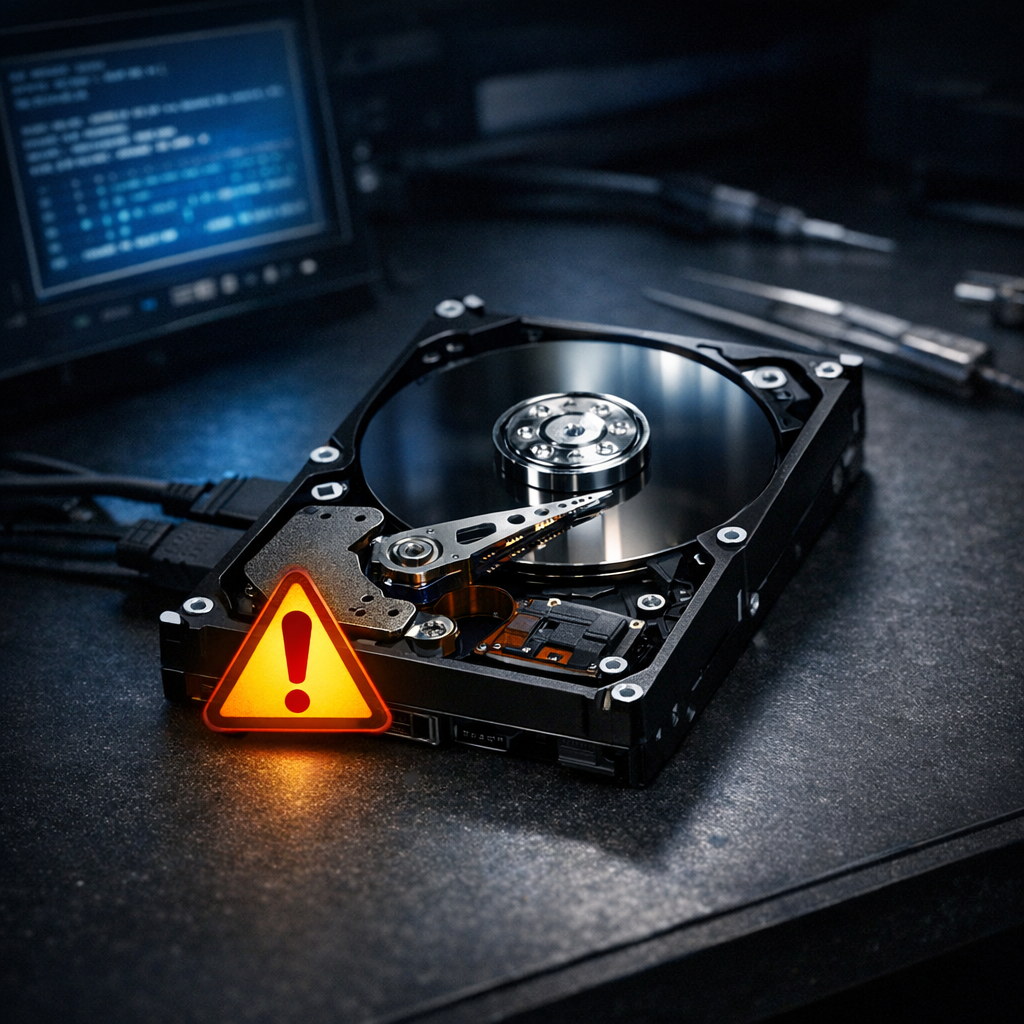 Seagate Barracuda 7200.11 (ST3500320AS, ST31000340AS): Der Firmware-Bug, der Festplatten „verschwinden“ ließ - Technical editorial image of a Seagate Barracuda 7200.11 hard drive on a dark workbench, firmware bug concept, SATA hard disk, warning icon, subtle blue diagnostic screen glow, professional data recovery style, clean modern composition, no text
