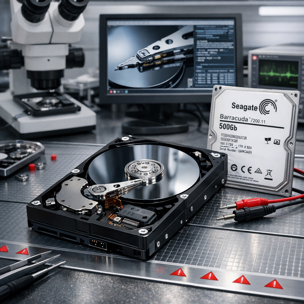 Seagate ST3500320AS: Unsichtbar im BIOS – ein klassischer Fall für professionelle Datenretter - Professionelle Datenrettung einer Seagate Barracuda ST3500320AS Festplatte, modernes Labor, geöffnete HDD auf antistatischer Arbeitsfläche, dezente rote Warnakzente, technisches cleanes Design, realistisch, hochwertig