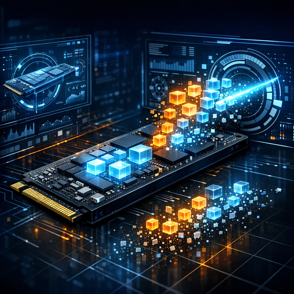 Sind gelöschte Daten auf einer Samsung SSD trotz TRIM noch wiederherstellbar? - Modern technical illustration of a Samsung-style SSD drive with glowing data blocks, TRIM command concept, digital recovery interface, blue and dark background, professional data recovery theme, no text