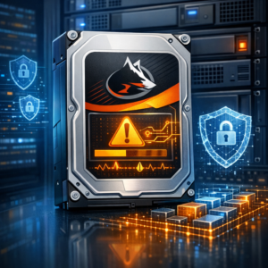 SMART-Fehler 188 auf der Seagate IronWolf ST8000VN004 ohne Datenverlust – seltenes Problem? - Modern technical illustration of a Seagate IronWolf style NAS hard drive with SMART warning code 188, server rack background, data protection theme, clean blue and orange tech colors, no text