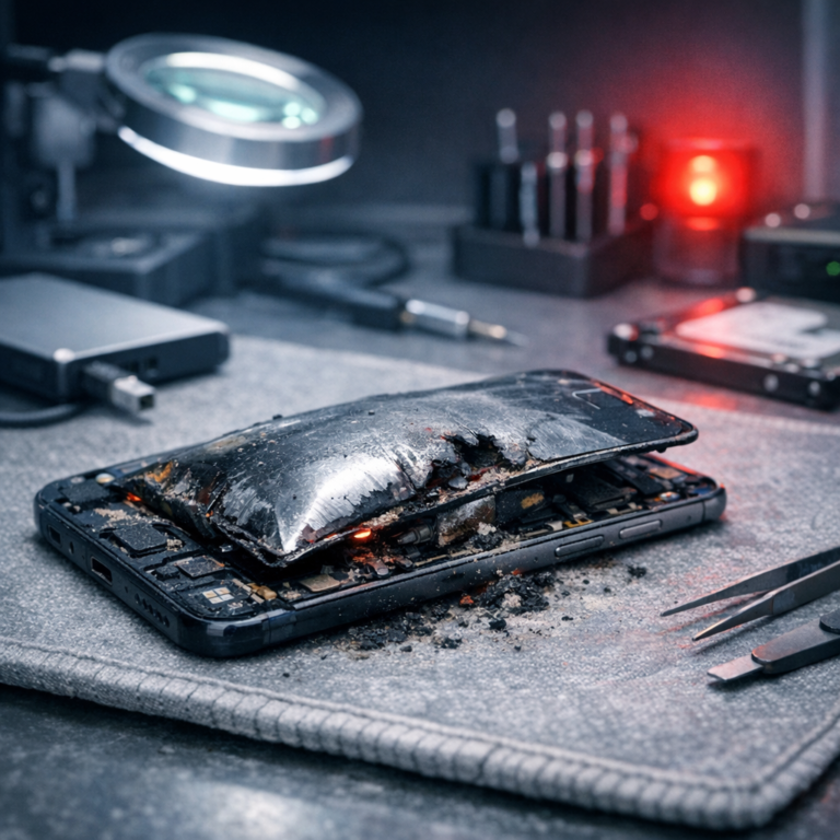 Smartphone Akku ist explodiert – Datenrettung - Realistic professional image of a damaged smartphone with swollen exploded lithium battery on a safe fireproof surface, data recovery concept, subtle red warning light, modern tech repair lab, no flames, no text
