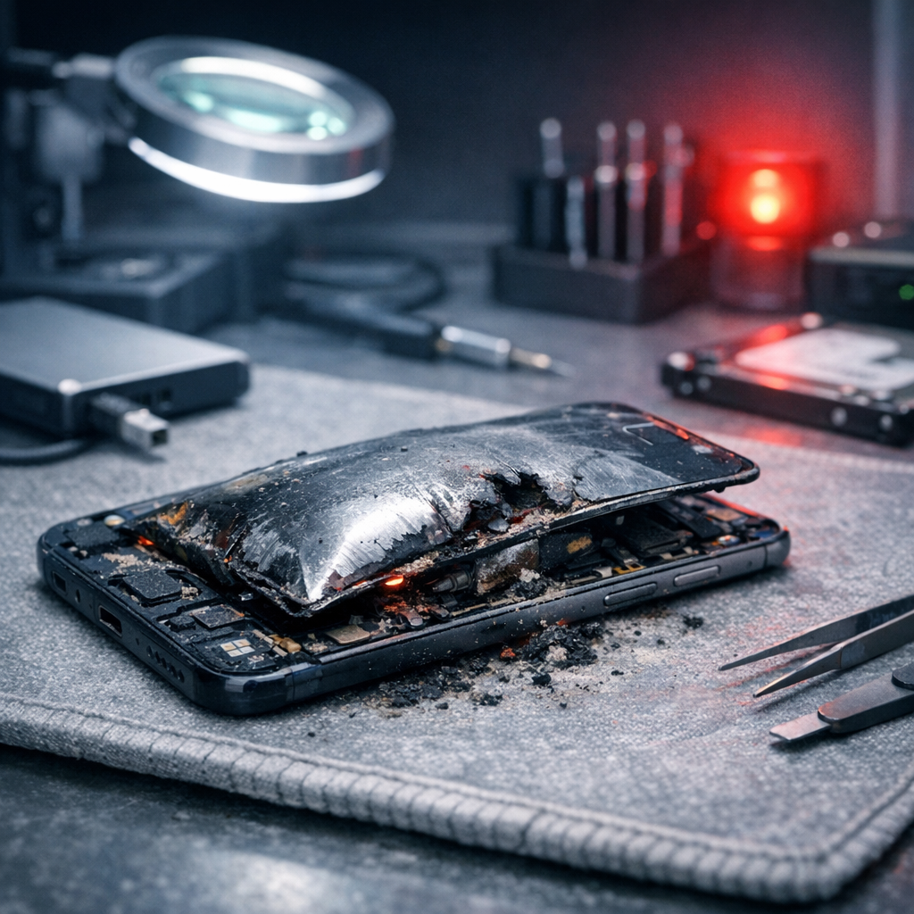 Smartphone Akku ist explodiert – Datenrettung - Realistic professional image of a damaged smartphone with swollen exploded lithium battery on a safe fireproof surface, data recovery concept, subtle red warning light, modern tech repair lab, no flames, no text