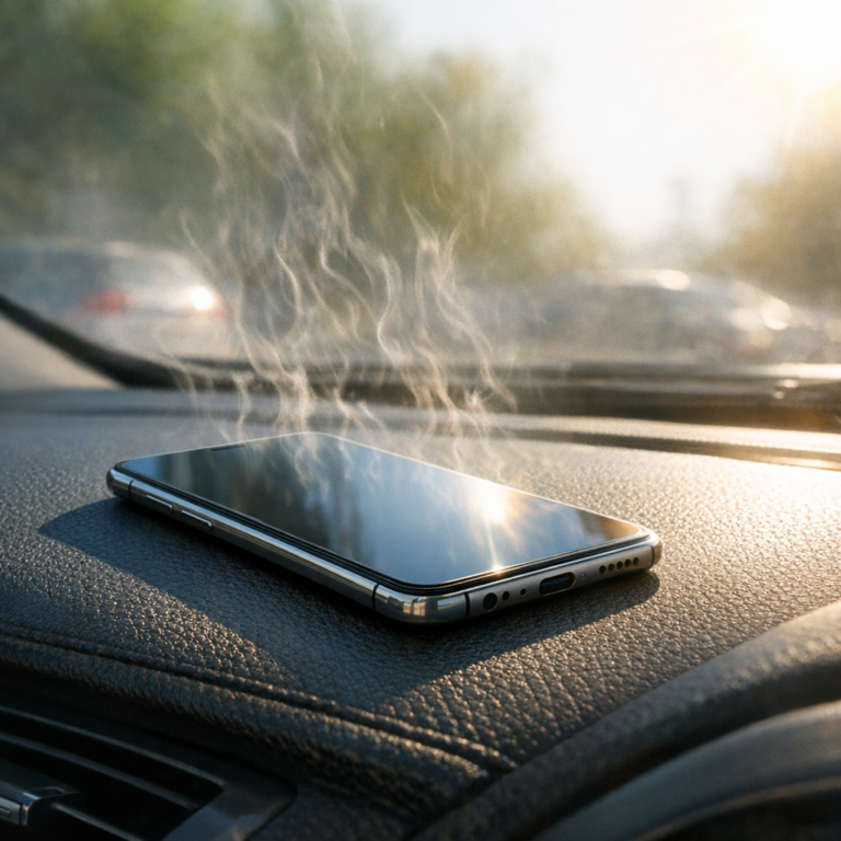 Smartphone im heißen Auto vergessen – jetzt sind alle Dateien verschwunden - Realistic modern smartphone left on a hot car dashboard under strong summer sunlight, heat waves visible, warning feeling, data loss concept, clean professional tech style, no text