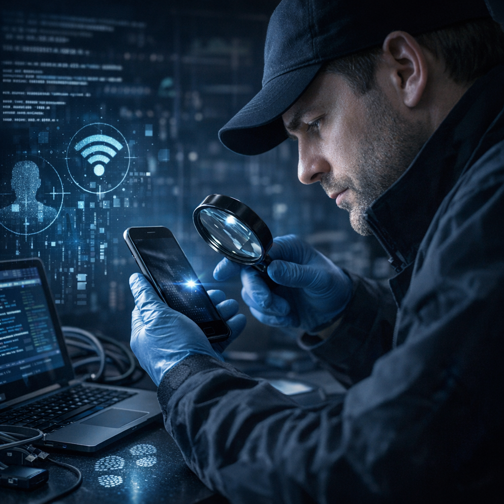 So erkennen IT-Forensiker heimliche Handyüberwachung - Modernes Cybersecurity Titelbild: IT-Forensiker analysiert Smartphone auf heimliche Handyüberwachung, digitale Spuren, Schutzschild, Netzwerkdaten, dunkler professioneller Hintergrund, blaues Licht, realistisch, keine Texte