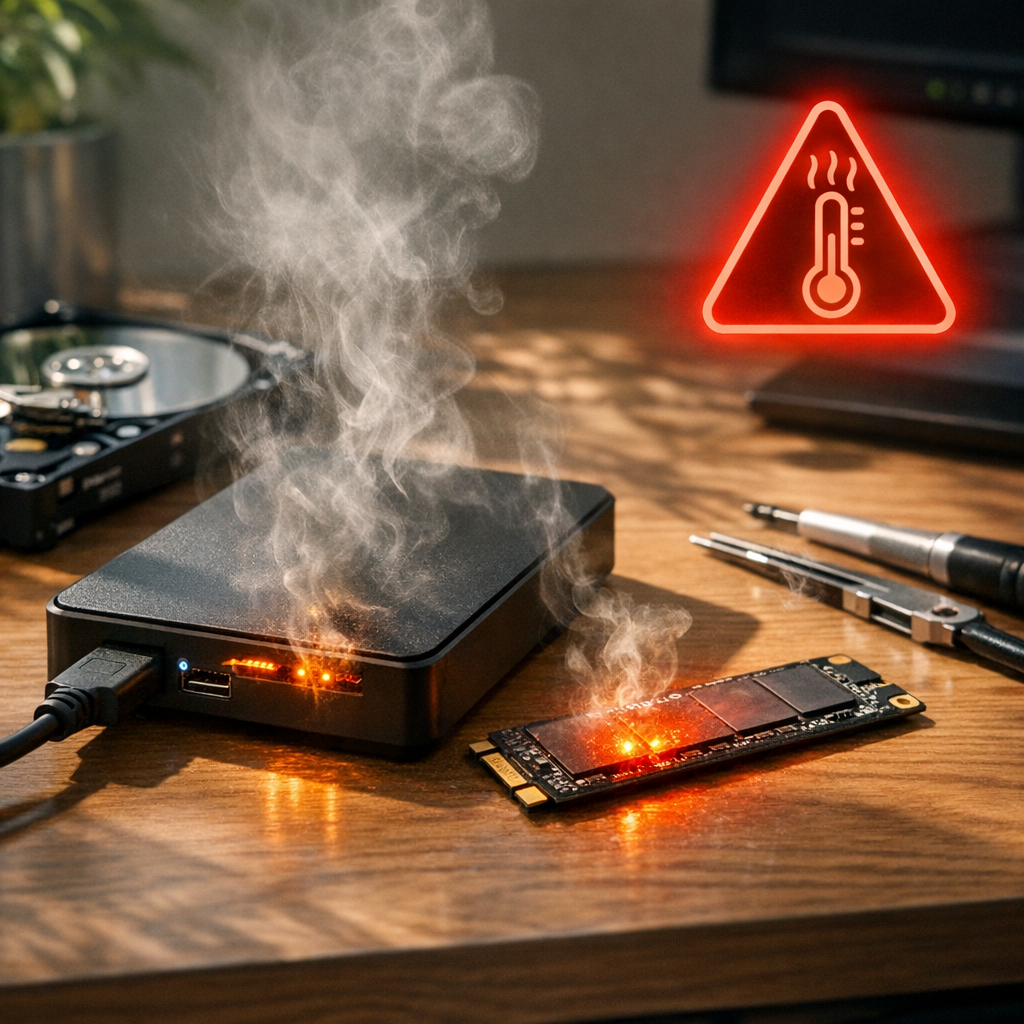 Sommerhitze kann zum Festplatten-Killer werden - Modern realistic editorial image: overheated external hard drive and SSD on a desk in summer sunlight, red heat warning symbol, subtle data recovery technology theme, clean professional IT blog style, no text