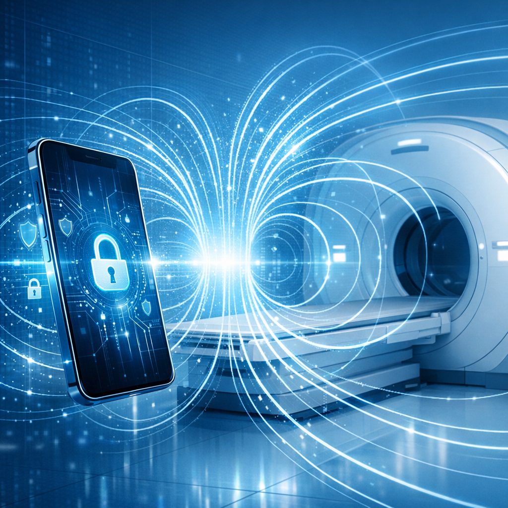Starke Magnetfelder (MRT-Scanner) führen bei Smartphones zu Verlust der Daten - Modern technical illustration of a smartphone near an MRI scanner magnetic field, blue medical technology environment, visible magnetic field lines, data security concept, clean professional style, no text