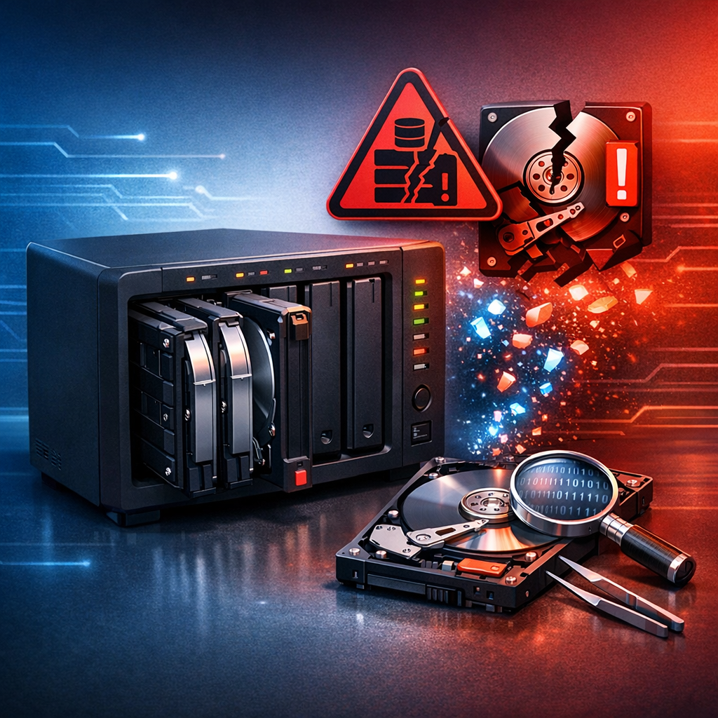 Synology Datenrettung nach RAID-Crash - Modern professional illustration of a Synology-style NAS with multiple hard drives, RAID crash warning symbol, data recovery concept, clean tech background in blue and red, realistic 3D, no text