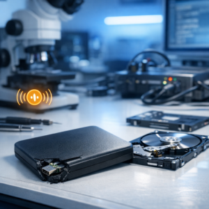 Toshiba Canvio Basics piepst nach Sturz – Professionelle Datenrettung - Professional data recovery lab scene with a damaged external Toshiba Canvio Basics hard drive after a fall, subtle warning beep visual concept, clean modern technical workspace, blue and white lighting, no text, realistic photography style