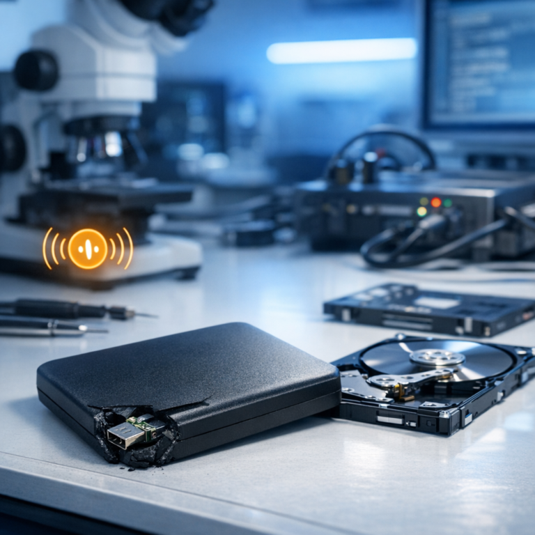 Toshiba Canvio Basics piepst nach Sturz – Professionelle Datenrettung - Professional data recovery lab scene with a damaged external Toshiba Canvio Basics hard drive after a fall, subtle warning beep visual concept, clean modern technical workspace, blue and white lighting, no text, realistic photography style