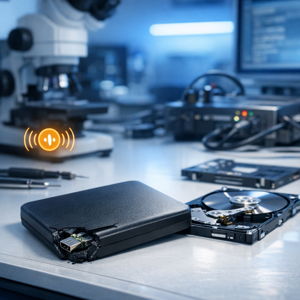 Toshiba Canvio Basics piepst nach Sturz – Professionelle Datenrettung - Professional data recovery lab scene with a damaged external Toshiba Canvio Basics hard drive after a fall, subtle warning beep visual concept, clean modern technical workspace, blue and white lighting, no text, realistic photography style