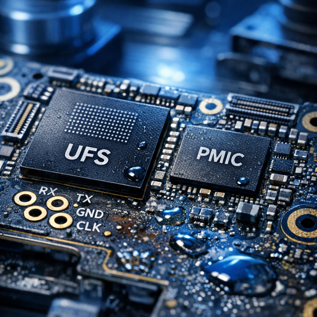 UFS-Speicher- oder Datenrettung bei PMIC-Ausfällen nach Überhitzung oder Feuchtigkeit - Makroaufnahme einer Smartphone-Hauptplatine mit UFS-Speicherchip und PMIC, sichtbare Diagnosepunkte, dezente Spuren von Feuchtigkeit und Wärme, professionelle Elektronik-Datenrettung im Labor, modern, technisch, blaues Licht, realistisch