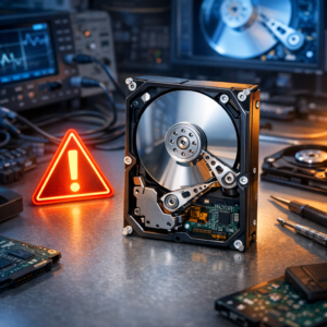 Ungewöhnlicher Firmware-Fehler bei der Seagate Barracuda 7200.11 ST3500320AS – Laufwerk erkannt, aber keine Daten zugreifbar - Realistic modern technical illustration of a Seagate Barracuda 7200.11 hard drive on a clean workbench, firmware error warning symbol, data recovery diagnostics, blue and orange lighting, professional IT service style, no text