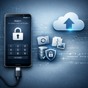 USB-Debugging war deaktiviert – gibt es trotzdem eine Datenrettung? - Modernes technisches Beitragsbild: Android-Smartphone mit gesperrtem Bildschirm, USB-C-Kabel, Datenrettungs-Symbole, Cloud-Backup und Schloss-Icon, seriöser IT-Service-Look, blau-graue Farbwelt, clean, professionell, 16:9