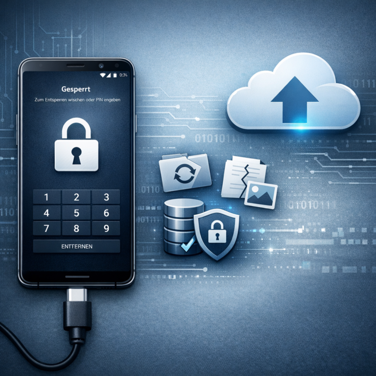 USB-Debugging war deaktiviert – gibt es trotzdem eine Datenrettung? - Modernes technisches Beitragsbild: Android-Smartphone mit gesperrtem Bildschirm, USB-C-Kabel, Datenrettungs-Symbole, Cloud-Backup und Schloss-Icon, seriöser IT-Service-Look, blau-graue Farbwelt, clean, professionell, 16:9