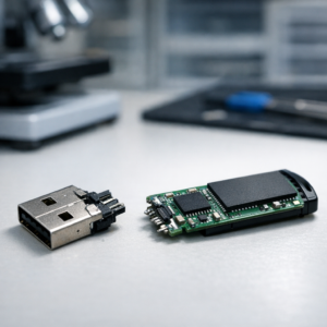 USB Stick abgebrochen – Wie Daten retten? - Realistic close-up of a broken USB flash drive on a clean desk, visible snapped connector and small circuit board, professional data recovery lab atmosphere, modern lighting, sharp focus, no text