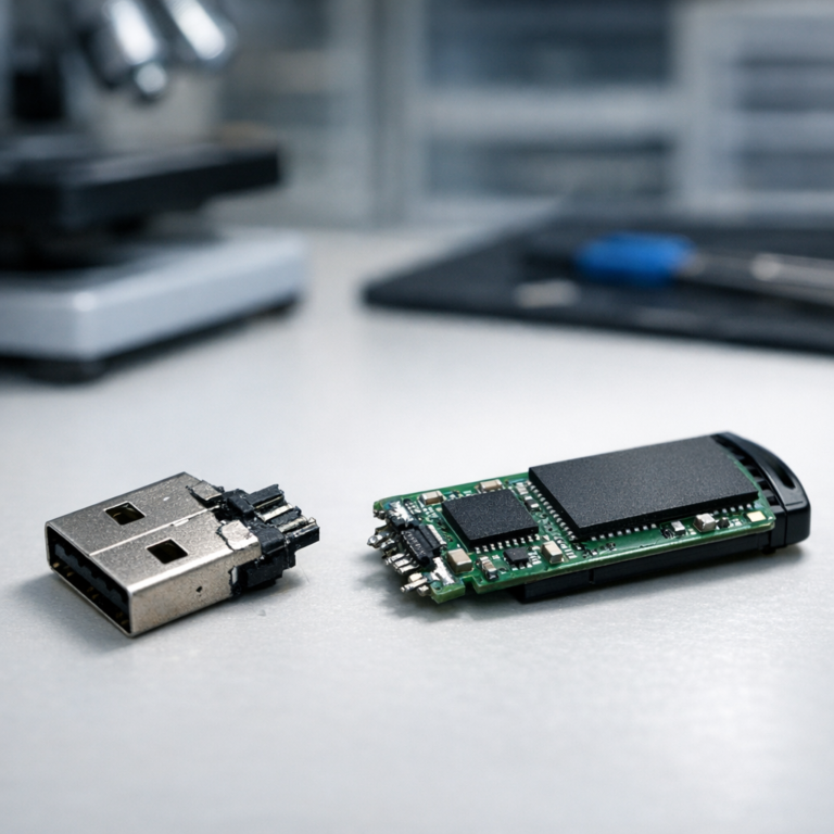 USB Stick abgebrochen – Wie Daten retten? - Realistic close-up of a broken USB flash drive on a clean desk, visible snapped connector and small circuit board, professional data recovery lab atmosphere, modern lighting, sharp focus, no text
