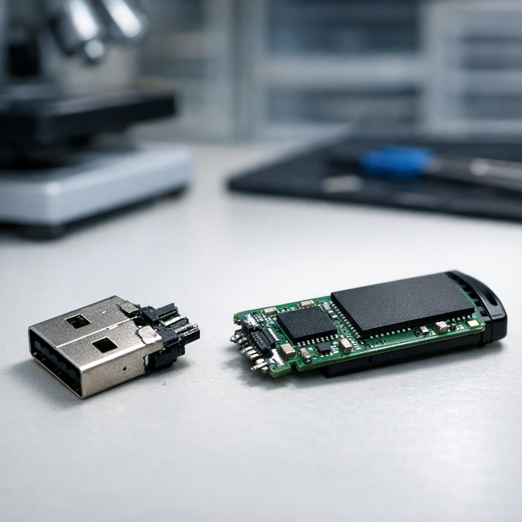 USB Stick abgebrochen – Wie Daten retten? - Realistic close-up of a broken USB flash drive on a clean desk, visible snapped connector and small circuit board, professional data recovery lab atmosphere, modern lighting, sharp focus, no text