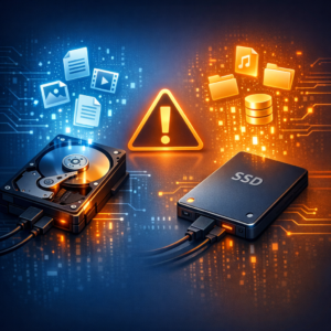 Versehentlich Festplatte formatiert: Welche Daten lassen sich noch retten? - Modern technical illustration of a formatted hard drive data recovery scenario, external HDD and SSD with glowing recovered files, warning symbol, clean blue and orange IT style, professional WordPress featured image, no text