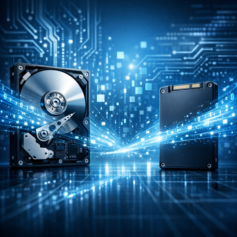 Was ist der Unterschied zwischen Schnellformatierung und vollständiger Formatierung bei der Datenrettung? - Modernes technisches Beitragsbild zur Datenrettung nach Schnellformatierung und vollständiger Formatierung: Festplatte und SSD mit digitalen Datenströmen, klare blaue IT-Optik, seriös, professionell, ohne Text