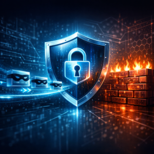 Was ist IP-Spoofing und wie kannst du dich davor schützen? - Modern cybersecurity illustration showing protected network traffic, shield icon, masked IP packets and digital firewall, blue and dark tech style, clean professional WordPress blog header, no text