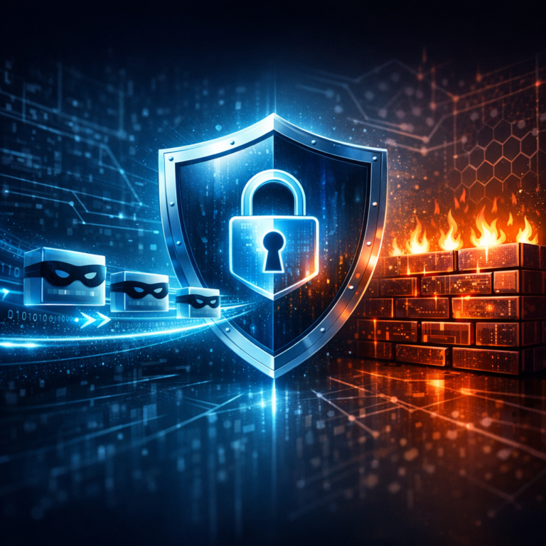Was ist IP-Spoofing und wie kannst du dich davor schützen? - Modern cybersecurity illustration showing protected network traffic, shield icon, masked IP packets and digital firewall, blue and dark tech style, clean professional WordPress blog header, no text