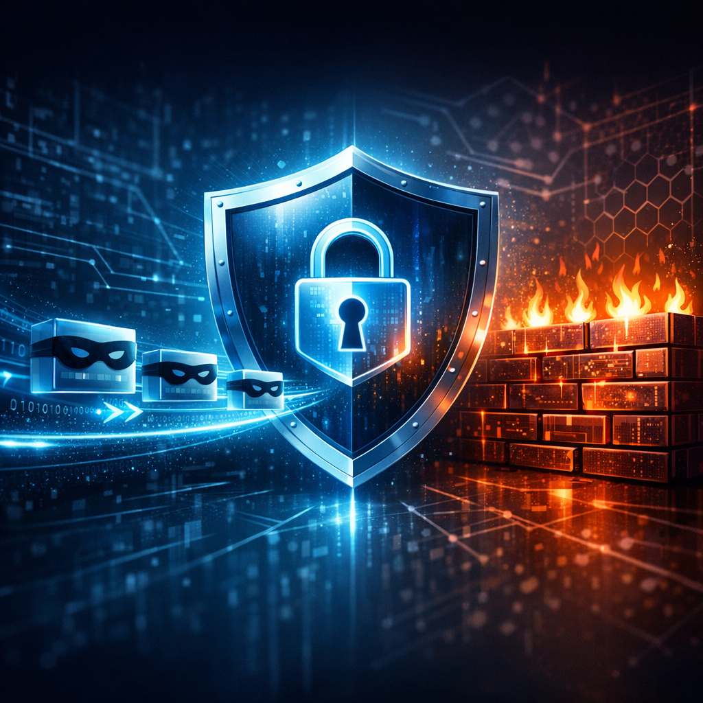 Was ist IP-Spoofing und wie kannst du dich davor schützen? - Modern cybersecurity illustration showing protected network traffic, shield icon, masked IP packets and digital firewall, blue and dark tech style, clean professional WordPress blog header, no text